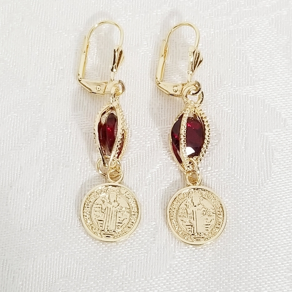 Saint Benedict Red Stone Women's Earrings. 14K Gold Plated. New - Picture 1 of 5